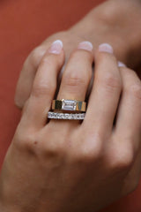 Deltora Diamonds Half Bezel Set Emerald Diamond Cigar Band Engagement Ring made from Sustainable Lab Diamonds.