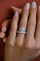Deltora Diamonds Radiant Cut with Tapered Baguettes Engagement Ring made with Sustainable Lab Diamonds.