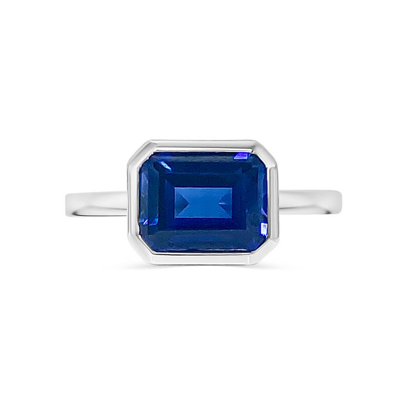 East West Blue Sapphire Emerald Bezel Ring