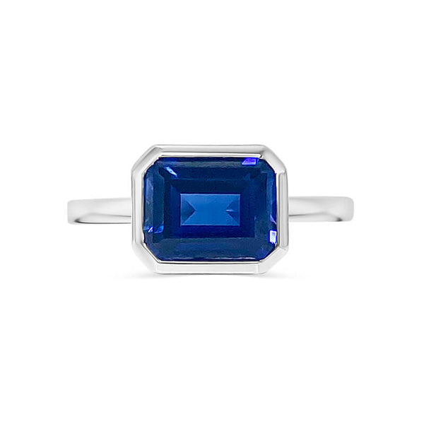 East West Blue Sapphire Emerald Bezel Ring