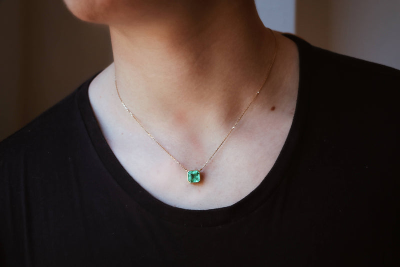 Lab Grown Columbian Emerald Asscher Cut Bezel Pendant Necklace