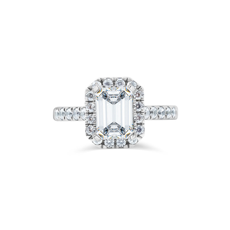 Emerald Cut Halo with Pave Band Engagement Ring. Deltora Diamonds Sustainable Lab Diamond Bridal Jewellery. 