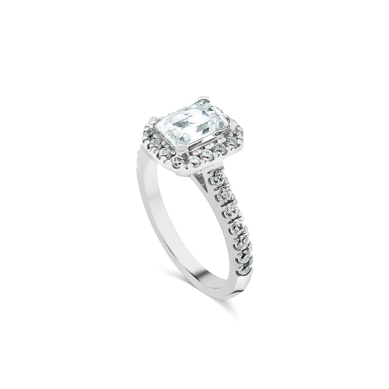 Emerald Cut Halo with Pave Band Engagement Ring. Deltora Diamonds Sustainable Lab Diamond Bridal Jewellery. 