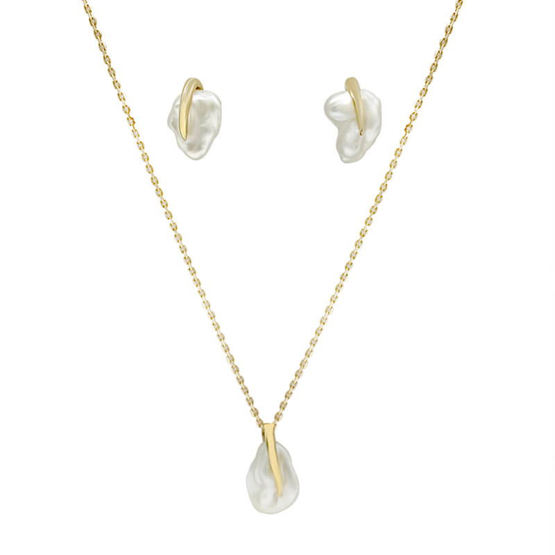 Flowing Curve Keshi Pearl Necklace & Earring Set